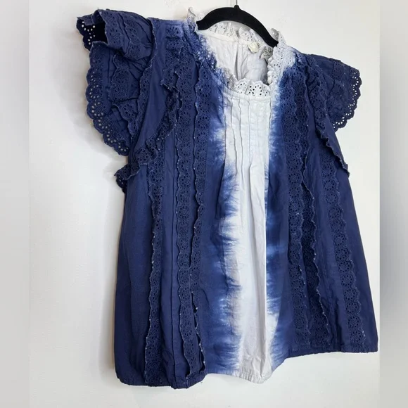 SEA New York "Evelyn" cotton tie dye blouse top XS blue white eylet lace ruffles - Picture 3 of 9